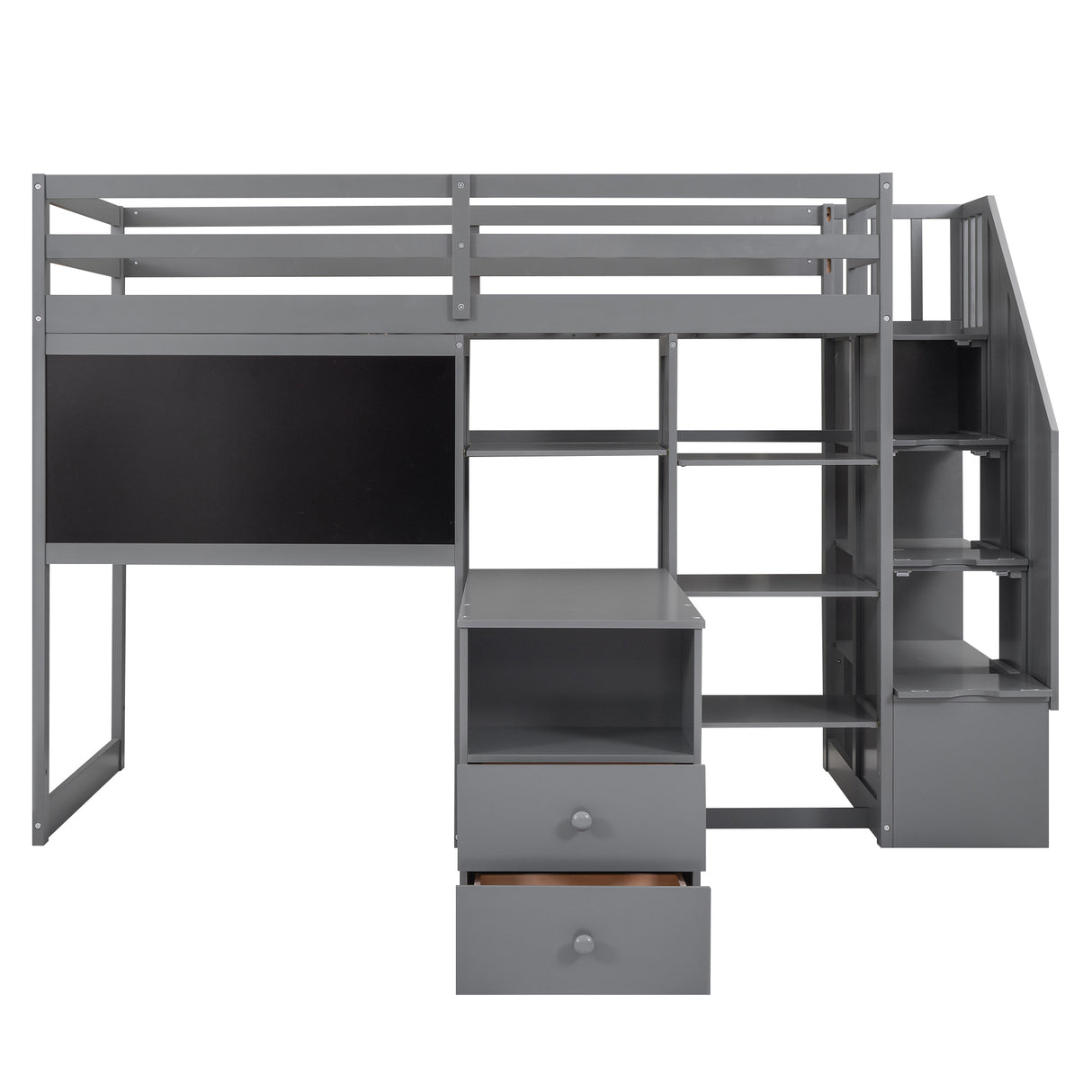 Twin Size Loft Bed with Pullable Desk and Storage Shelves,Staircase and Blackboard,Gray - Home Elegance USA