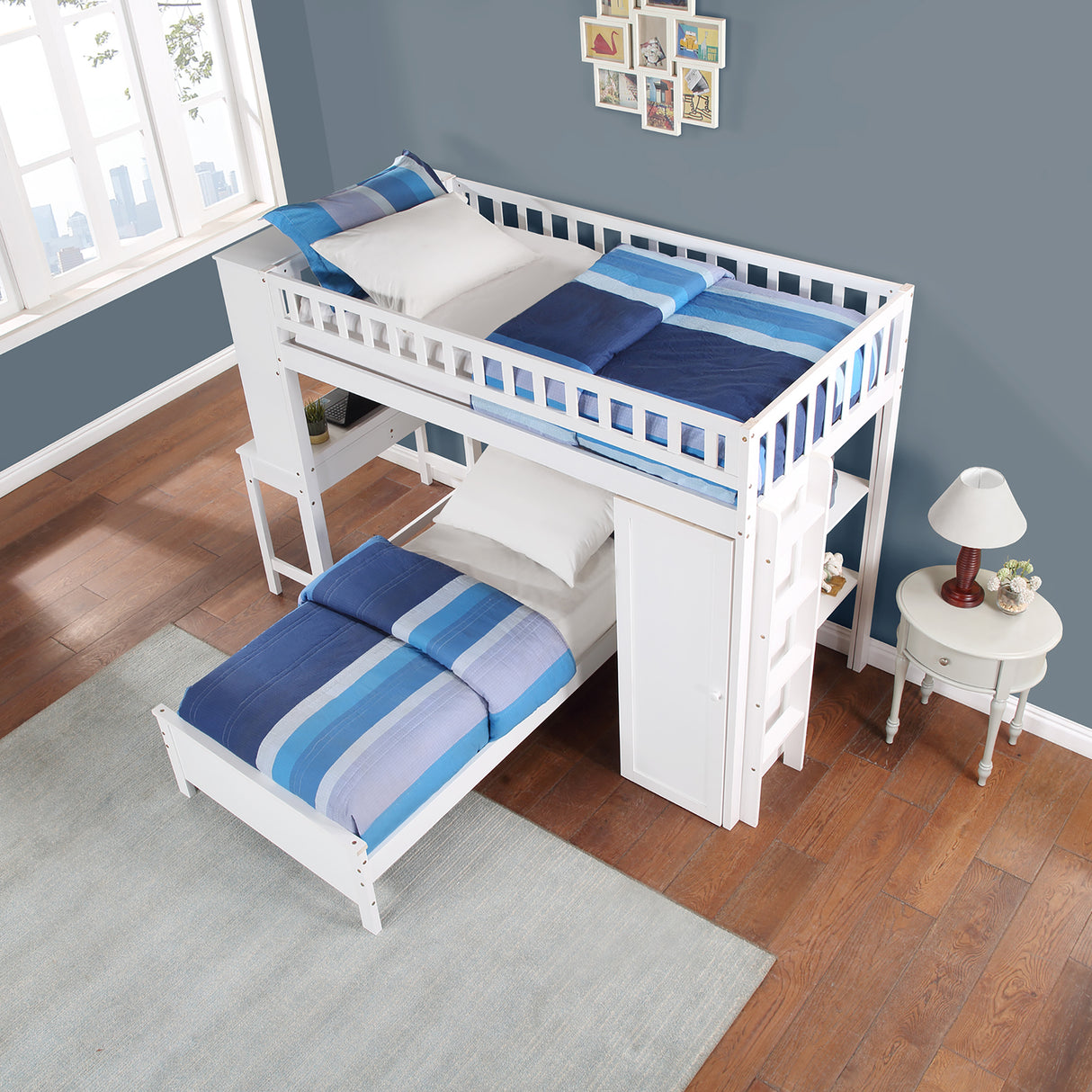 Twin Size Loft Bed with Closet and Desk, Extra Bottom Twin Bed, White - Home Elegance USA