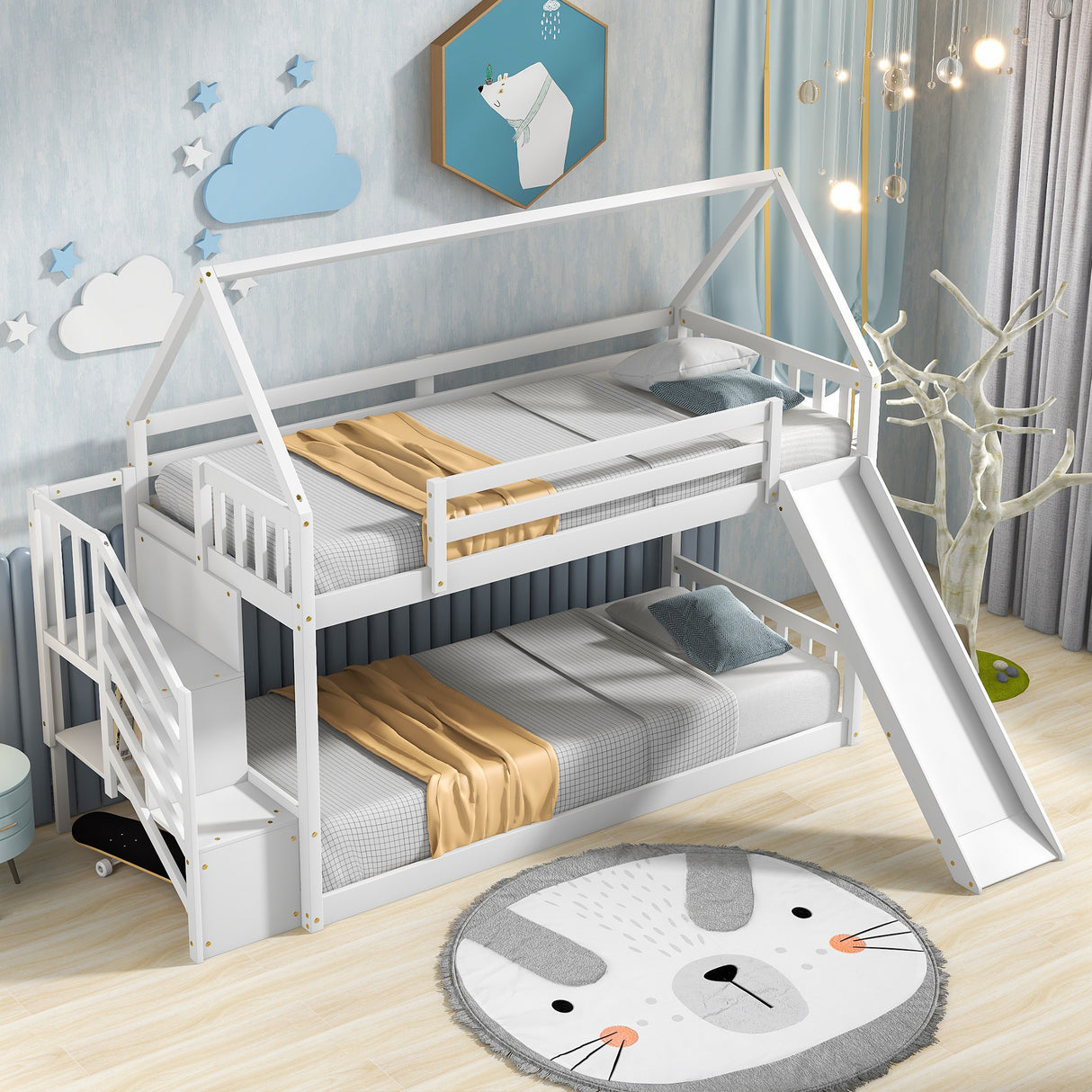 Twin over Twin House Bunk Bed with Slide and Storage Staircase,White - Home Elegance USA