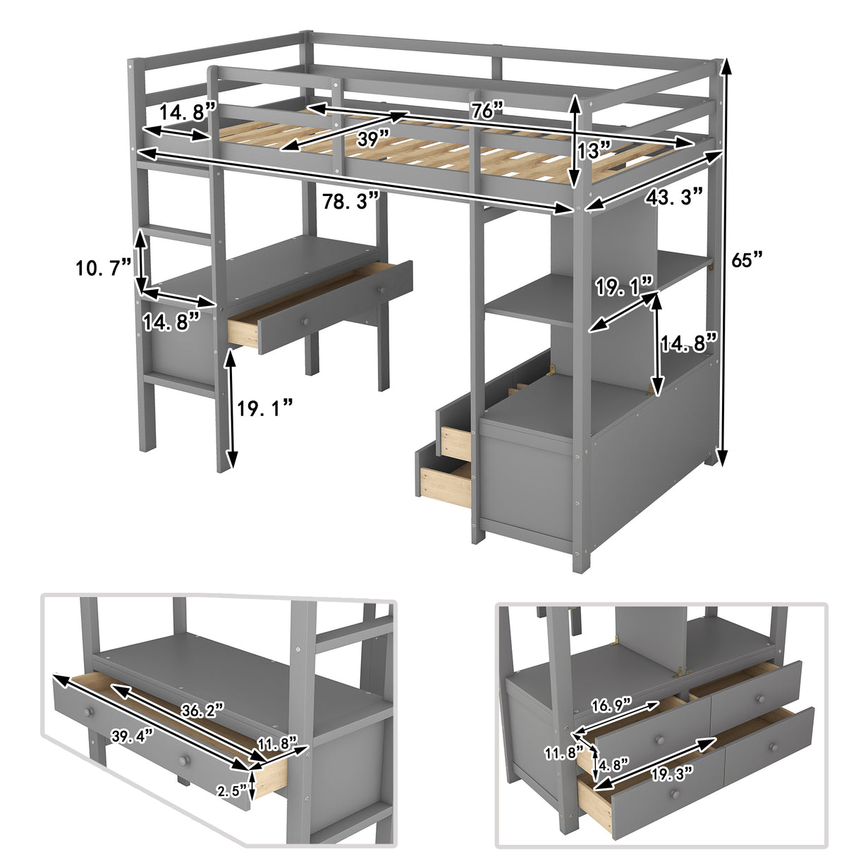 Twin  Size Loft Bed with Built-in Desk with Two Drawers, and Storage Shelves and Drawers,Gray - Home Elegance USA