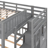 Full Over Twin & Twin Bunk Bed, Wood Triple Bunk Bed with Drawers and Guardrails (Gray) Home Elegance USA