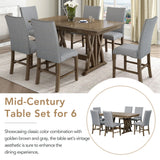 TOPMAX Mid-Century Solid Wood 7-Piece Dining Table Set Extendable Kitchen Table Set with Upholstered Chairs and 12" Leaf for 6, Golden Brown+Gray Cushion - Home Elegance USA