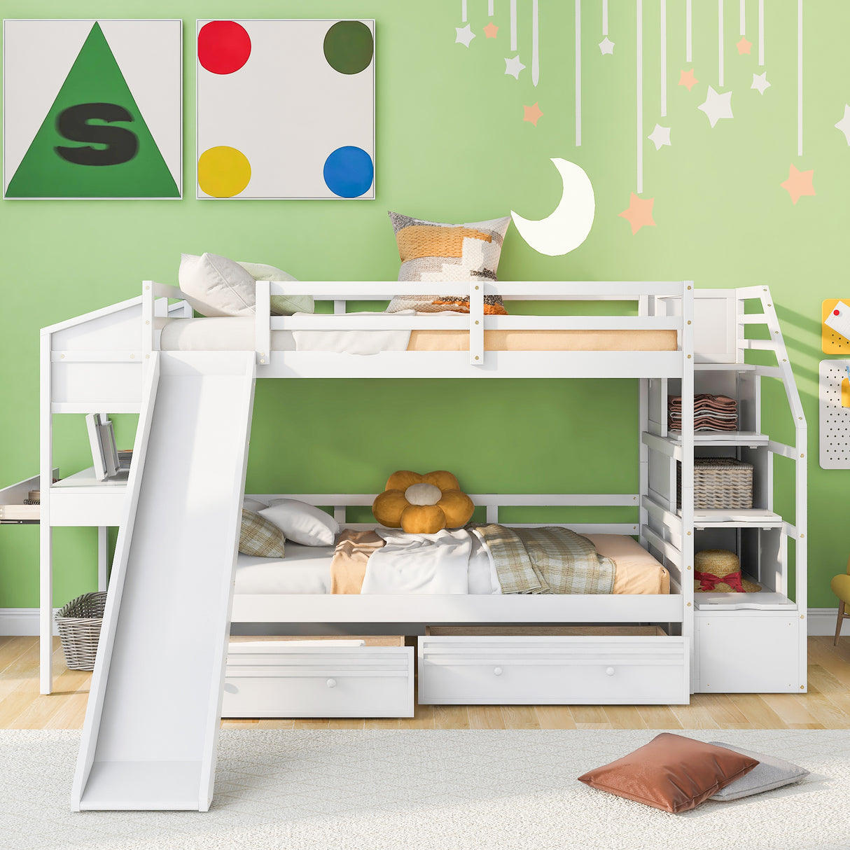 Twin over Twin Bunk Bed with Storage Staircase, Slide and Drawers, Desk with Drawers and Shelves, White - Home Elegance USA