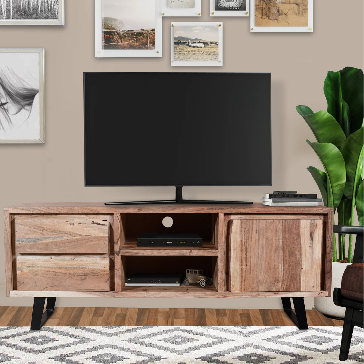 57 Inch 2 Drawer Acacia Wood TV Media Entertainment Console, 1 Door, Live Edge Design, Brown Home Elegance USA