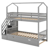 Multifunctional Twin over Twin House Bunk Bed with Staircase and Storage Space,Gray - Home Elegance USA