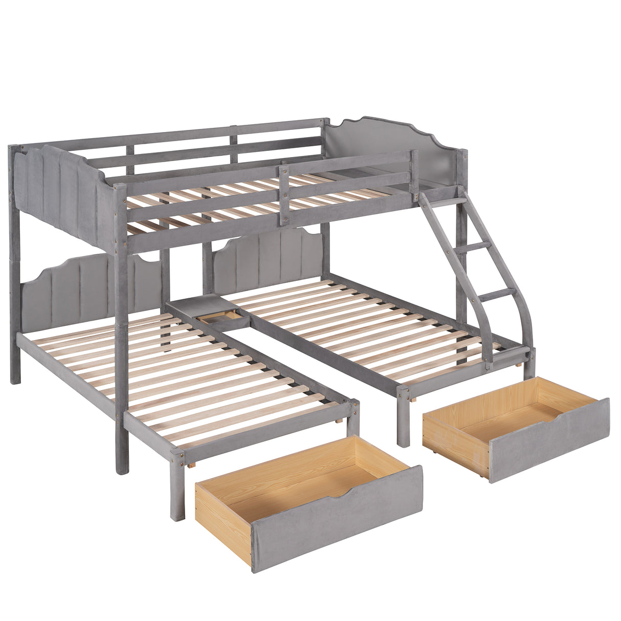 Full Over Twin & Twin Bunk Bed, Velvet Triple Bunk Bed with Drawers and Guardrails, Gray - Home Elegance USA