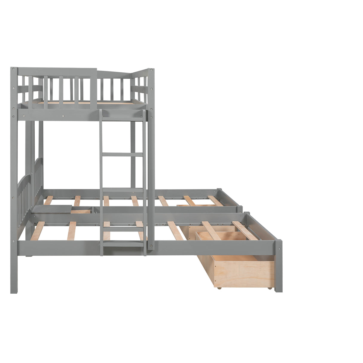 Twin over Twin & Twin Bunk Bed with Two Drawers and Built-in Middle Drawer, Gray - Home Elegance USA