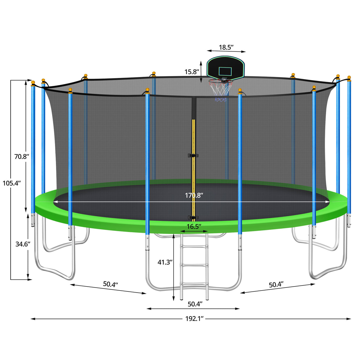 16FT Trampoline for Kids with Safety Enclosure Net, Ladder and 12 Safety Poles, Spring Cover Padding, Basketball Hoop - Trampolines - W880S00003 - image - 2