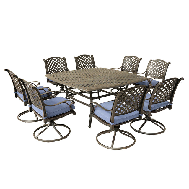 Square 8 - Person 63.98" Long Dining Set with Navy Blue Cushions