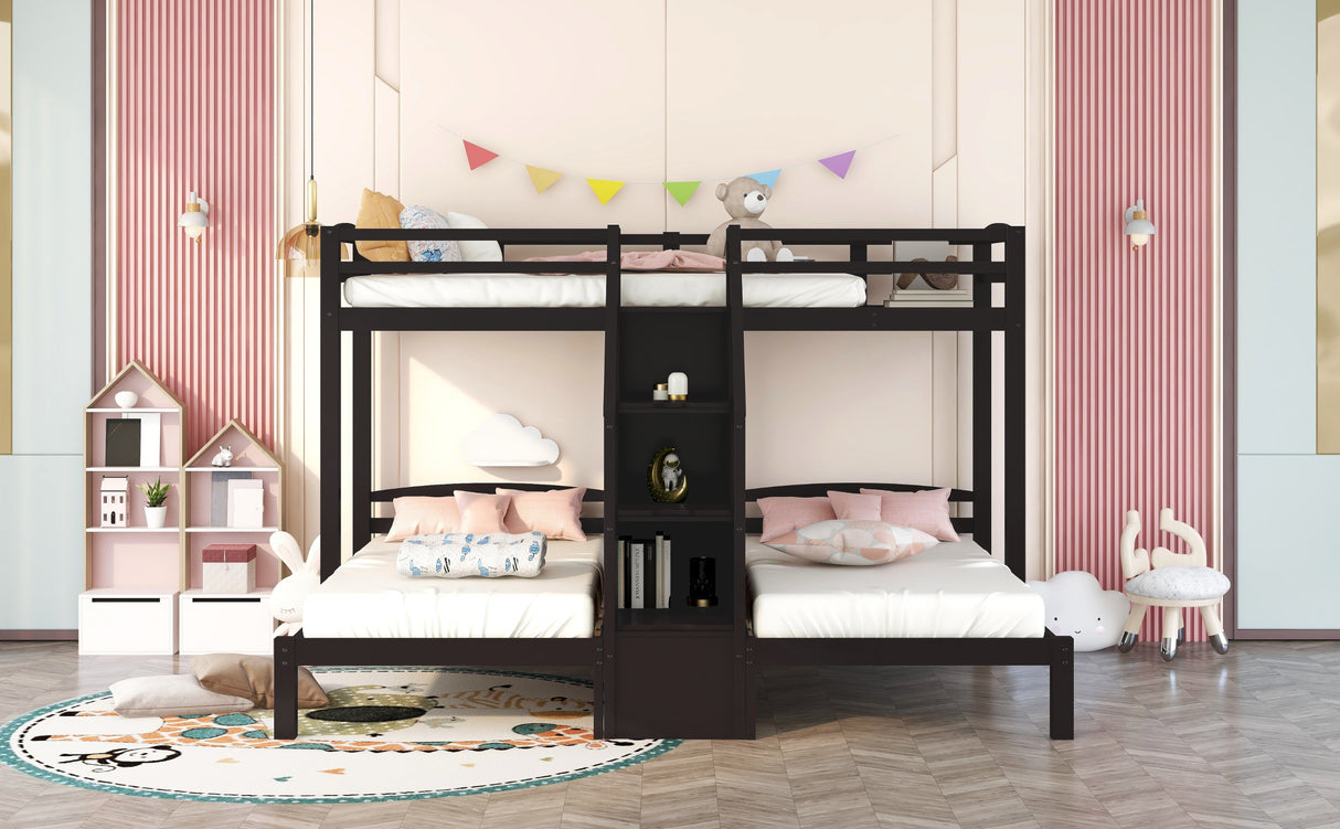 Twin over Twin & Twin Bunk Bed with Built-in Staircase and Storage Drawer,Espresso Home Elegance USA