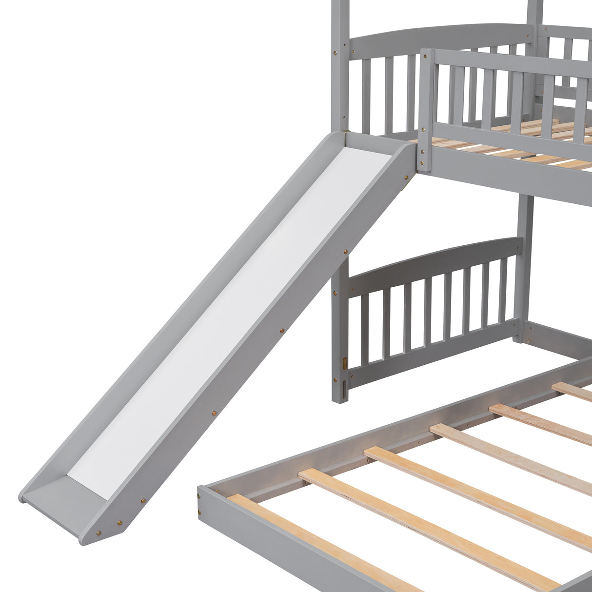 Twin Over Twin Bunk Bed with Slide, House Bed with Slide, Gray(OLD SKU: LT000214AAE) - Home Elegance USA