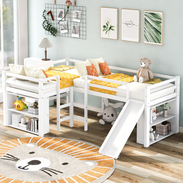 Twin Size L-Shaped Loft Bed with Movable Two-Tier Shelves and Slide,White - Home Elegance USA