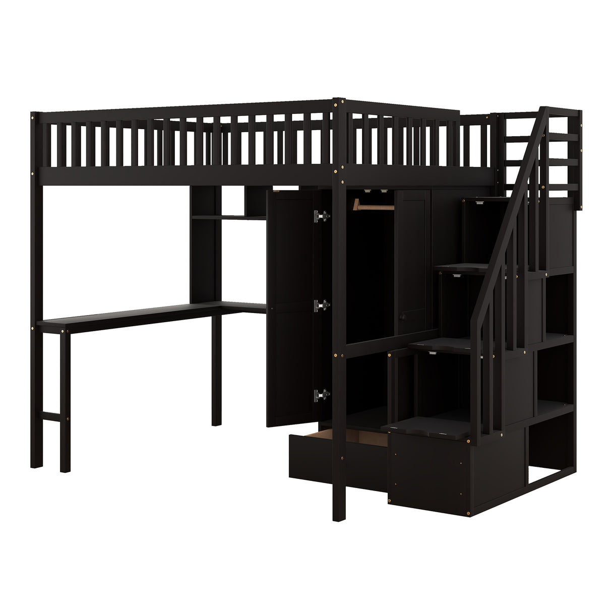 Full size Loft Bed with Bookshelf,Drawers,Desk,and Wardrobe-Espresso - Home Elegance USA