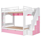 Full Over Full Bunk Bed with Trundle ,Stairs,Ladders Solid Wood Bunk bed with Storage Cabinet （White + Pink） - Home Elegance USA