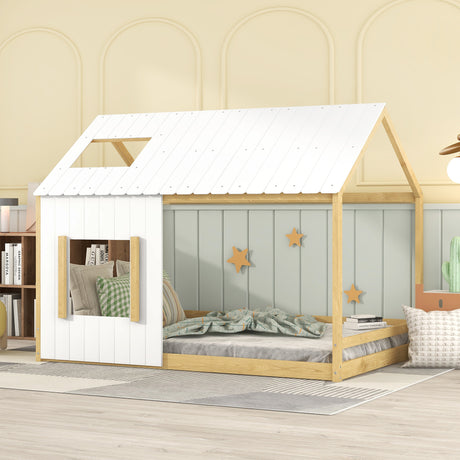 Full Size House Bed with Roof and Window - White+Natural - Home Elegance USA