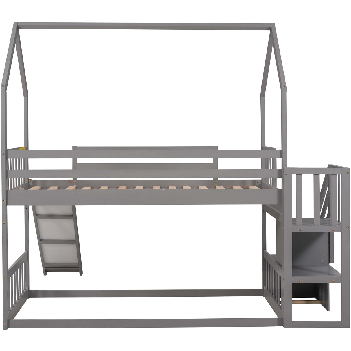 Twin over Twin House Bunk Bed with Convertible Slide,Storage Staircase can be Placed Left or Right,Gray - Home Elegance USA