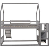 Twin over Twin House Bunk Bed with Convertible Slide,Storage Staircase can be Placed Left or Right,Gray - Home Elegance USA