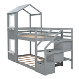 Twin Over Twin Bunk Bed with Storage Stairs,Wood Bed with Roof, Window, Guardrail, Ladder，Gray+White - Home Elegance USA