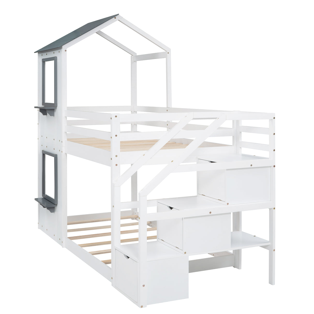 Twin Over Twin Bunk Bed with Storage Stairs,Wood Bed with Roof, Window, Guardrail, Ladder，White - Home Elegance USA