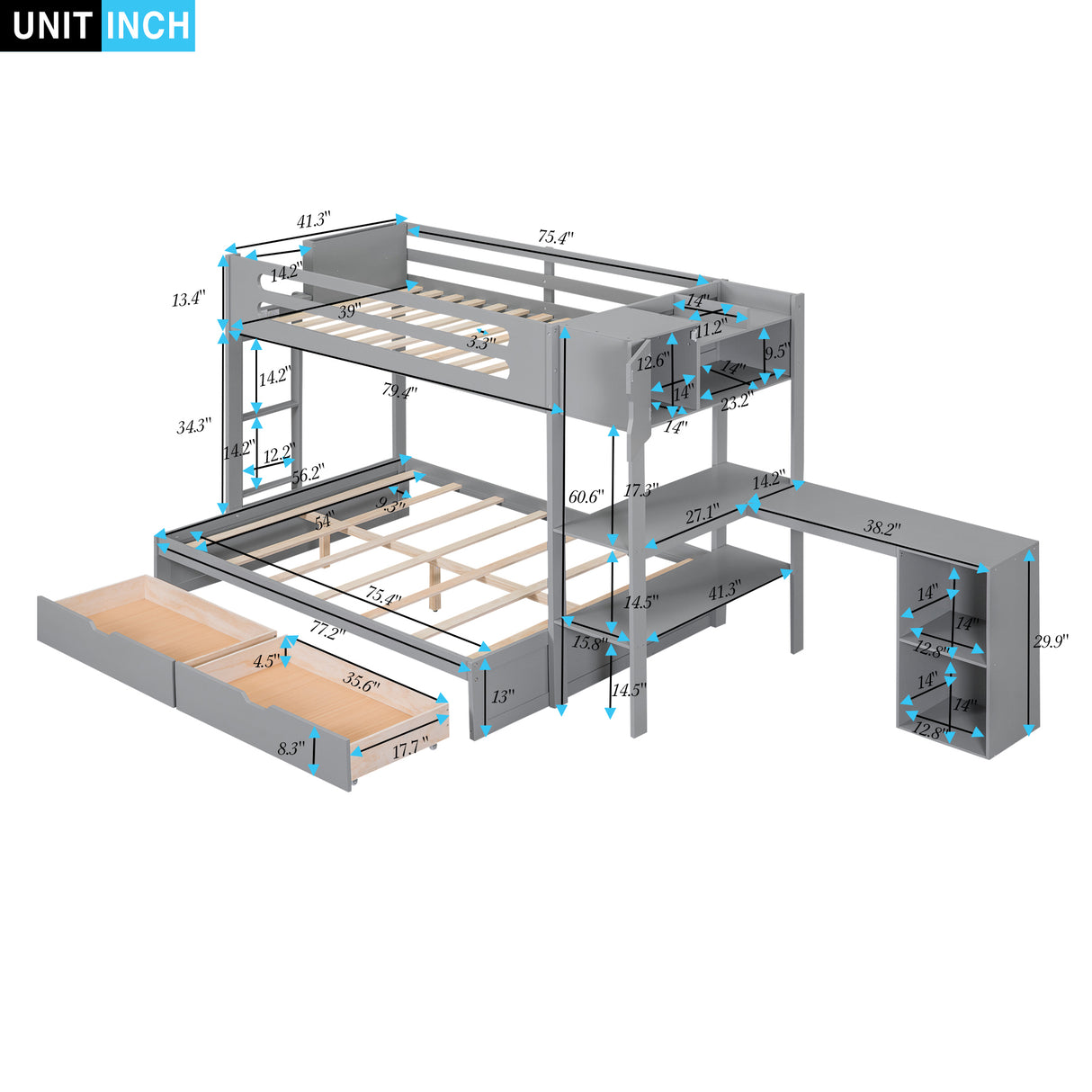 Wood Twin over Full Bunk Bed with Drawers, Shelves, Cabinets, L-shaped Desk and Magazine Holder, Gray - Home Elegance USA