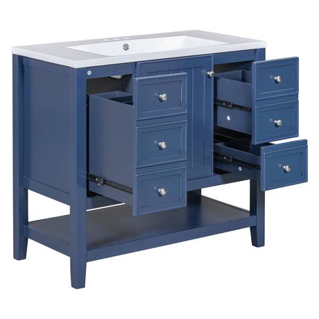 36" Bathroom Vanity with Sink Combo, One Cabinet and Three Drawers, Solid Wood and MDF Board, Blue