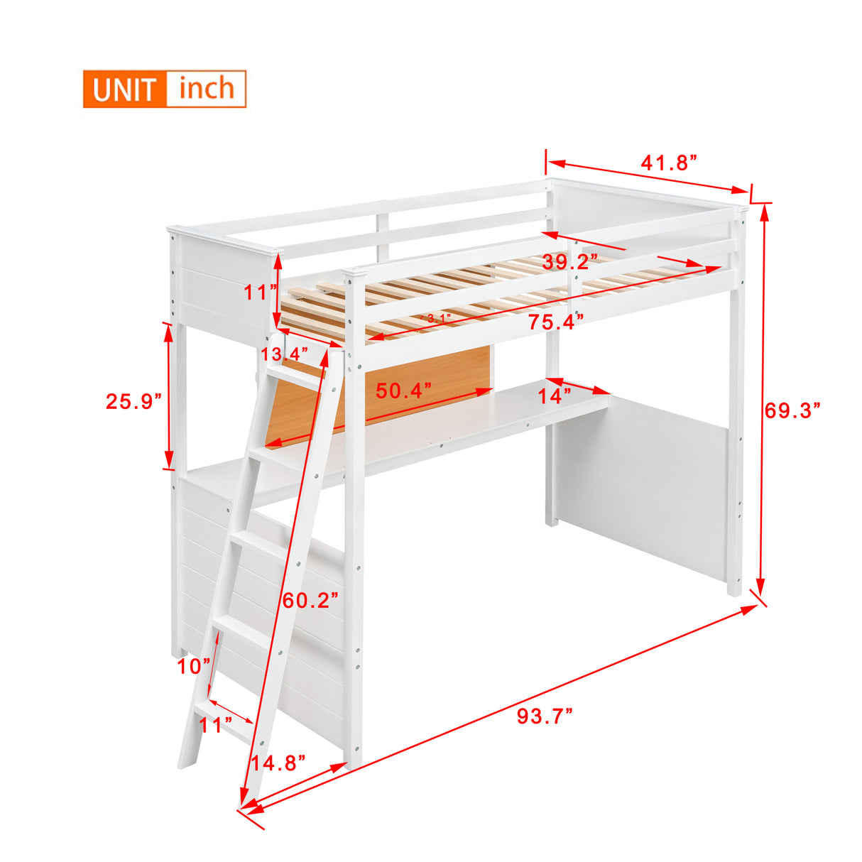 Twin size Loft Bed with Desk and Writing Board, Wooden Loft Bed with Desk - White - Home Elegance USA