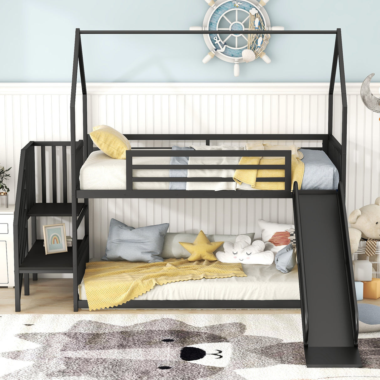 Twin Size Metal Bunk Bed House Bed with Slide and Staircase, Black