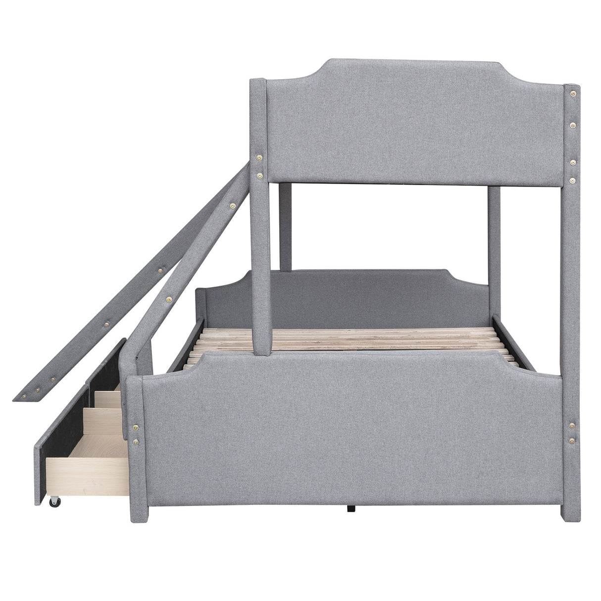 Twin over Full Size Upholstery Bunk Bed with Two Drawers and Slide,Convertible Slide and Ladder, Headboard and Footboard,Grey - Home Elegance USA