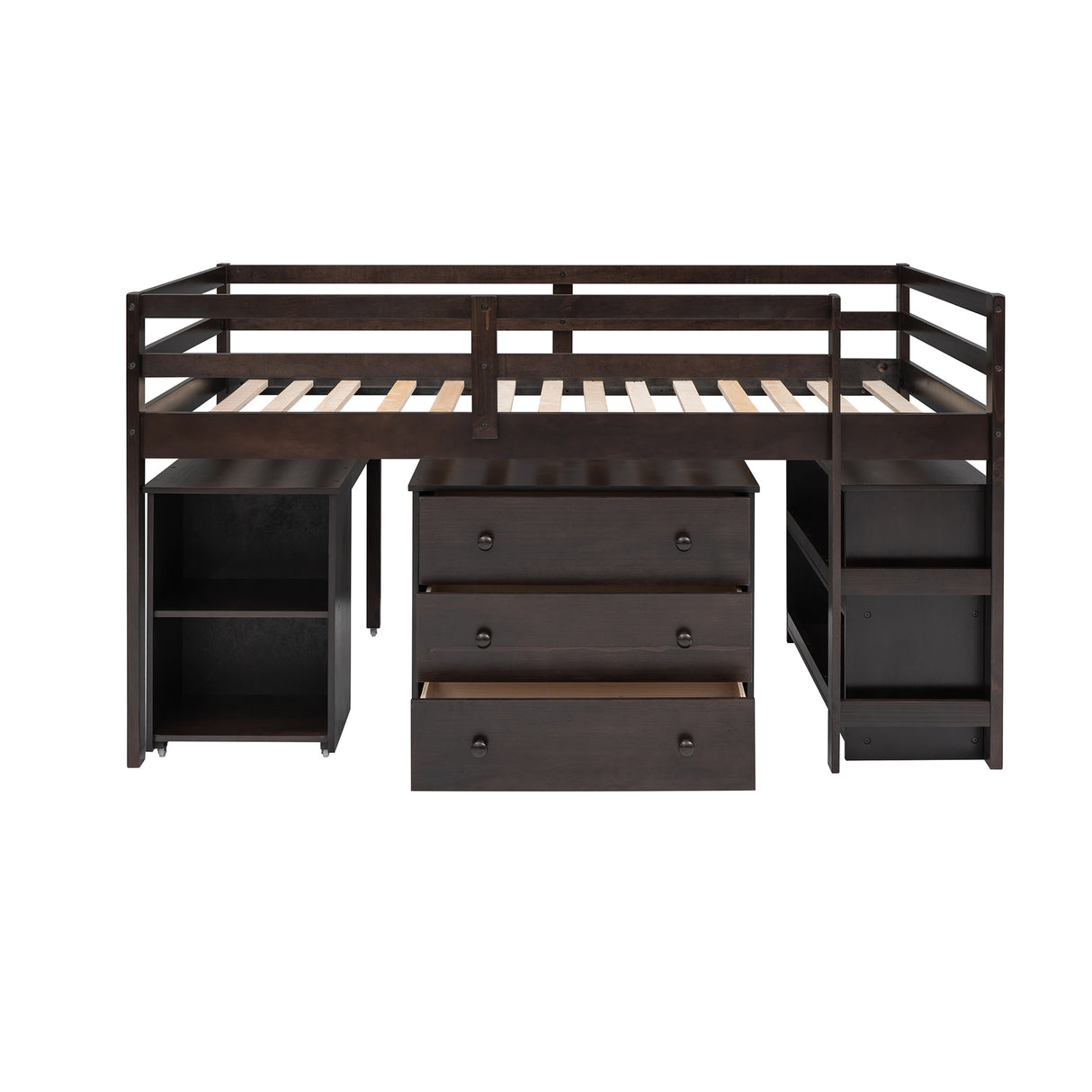 Low Study Twin Loft Bed with Cabinet and Rolling Portable Desk - Espresso (OLD SKU :LP000113AAP)