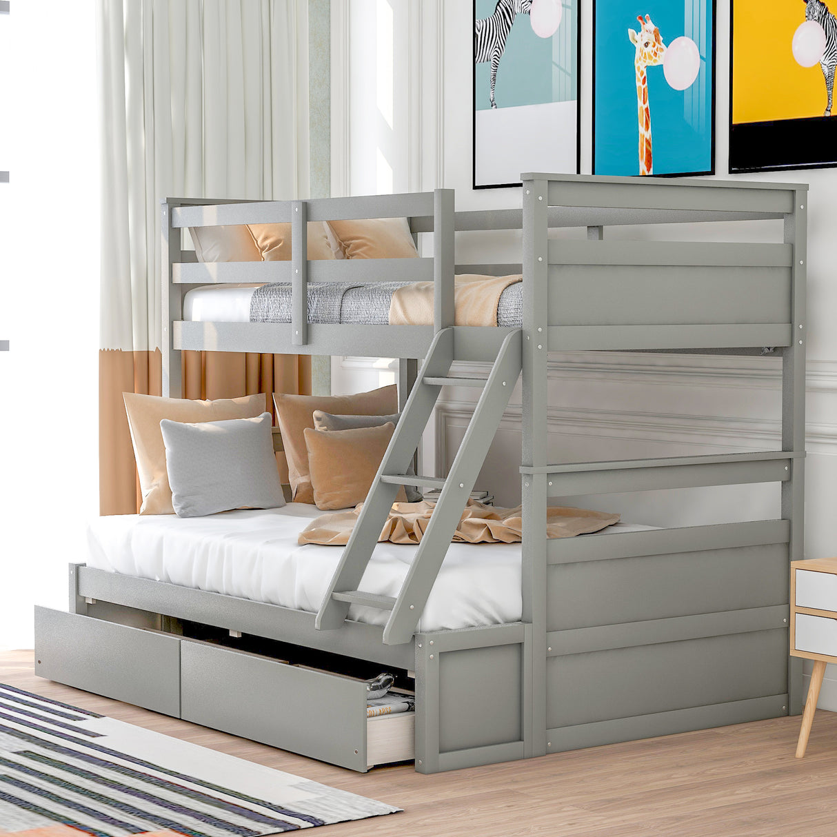 Twin over Full Bunk Bed with Storage - Gray(OLD SKU :LP000022AAE) - Home Elegance USA