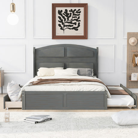 Wood Queen Size Platform Bed with Twin Size Trundle and 2 Drawers, Antique Gray(Expected Arrival Time: 9.2)