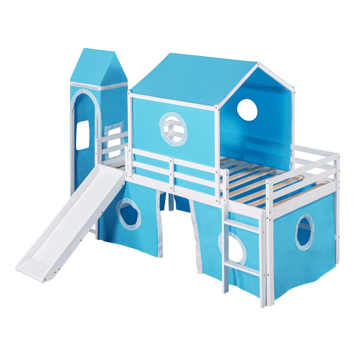 Twin Size Bunk Bed with Slide Blue Tent and Tower - Blue - Home Elegance USA