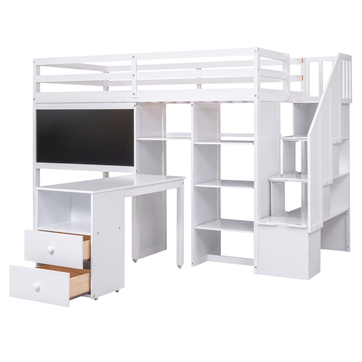 Twin Size Loft Bed with Pullable Desk and Storage Shelves,Staircase and Blackboard,White - Home Elegance USA
