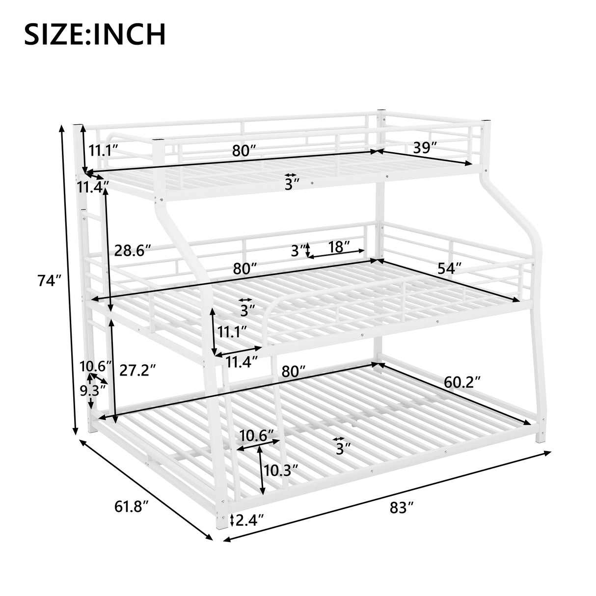 Twin XL/Full XL/Queen Triple Bunk Bed with Long and Short Ladder and Full-Length Guardrails,White - Home Elegance USA