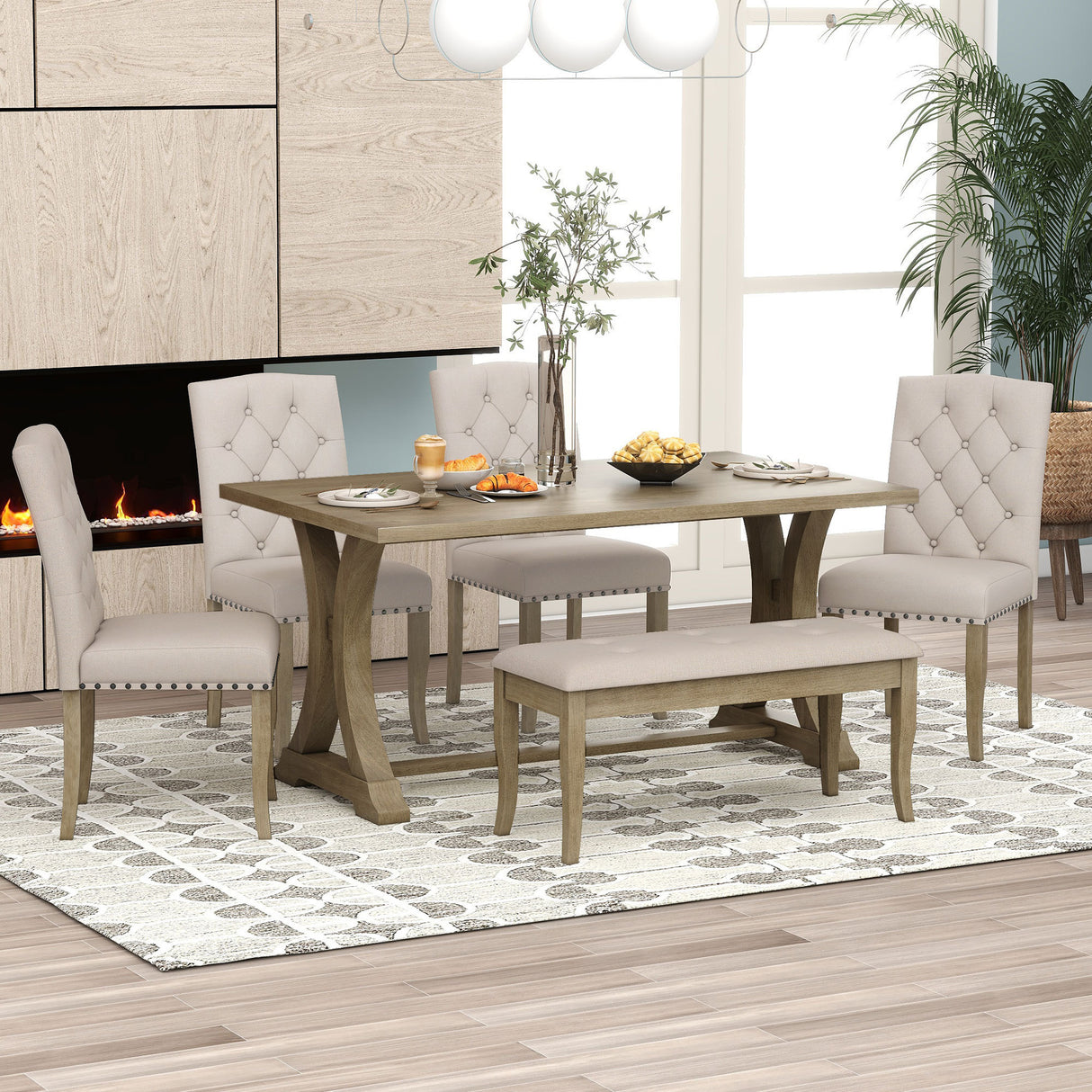 TREXM 6-Piece Farmhouse Dining Table Set, Rectangular Trestle Table and 4 Upholstered Chairs & Bench for Dining Room (Natural Wood Wash) - Home Elegance USA