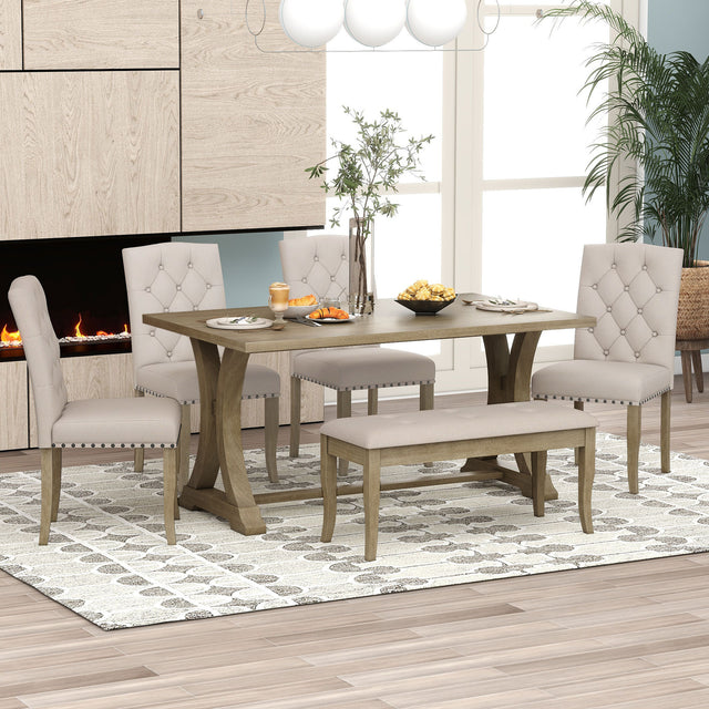 TREXM 6-Piece Farmhouse Dining Table Set, Rectangular Trestle Table and 4 Upholstered Chairs & Bench for Dining Room (Natural Wood Wash) - Home Elegance USA