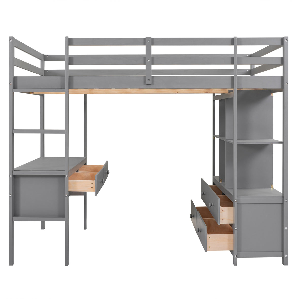 Full Size Loft Bed with Built-in Desk with Two Drawers, and Storage Shelves and Drawers,Gray - Home Elegance USA