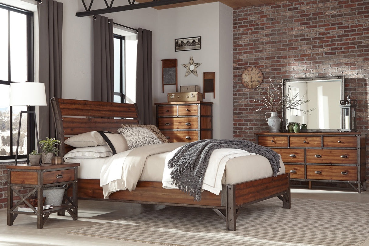 Industrial Design Platform Bed 1pc Eastern King Size Horizontal Slats Rustic Brown and Gunmetal Finish Bedroom Furniture - Home Elegance USA