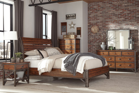 Rustic Brown and Gunmetal Finish 1pc Queen Size Platform Bed Industrial Design Horizontal Slats Bedroom Furniture - Home Elegance USA