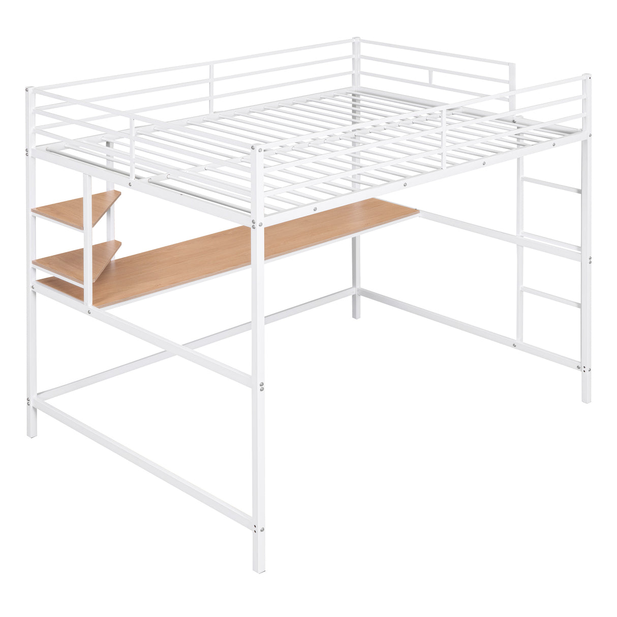 Full Metal Loft Bed with Desk and Shelve, White - Home Elegance USA