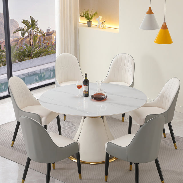 53“ Modern sintered stone round dining table with stainless steel base with 6 pcs chairs - Home Elegance USA