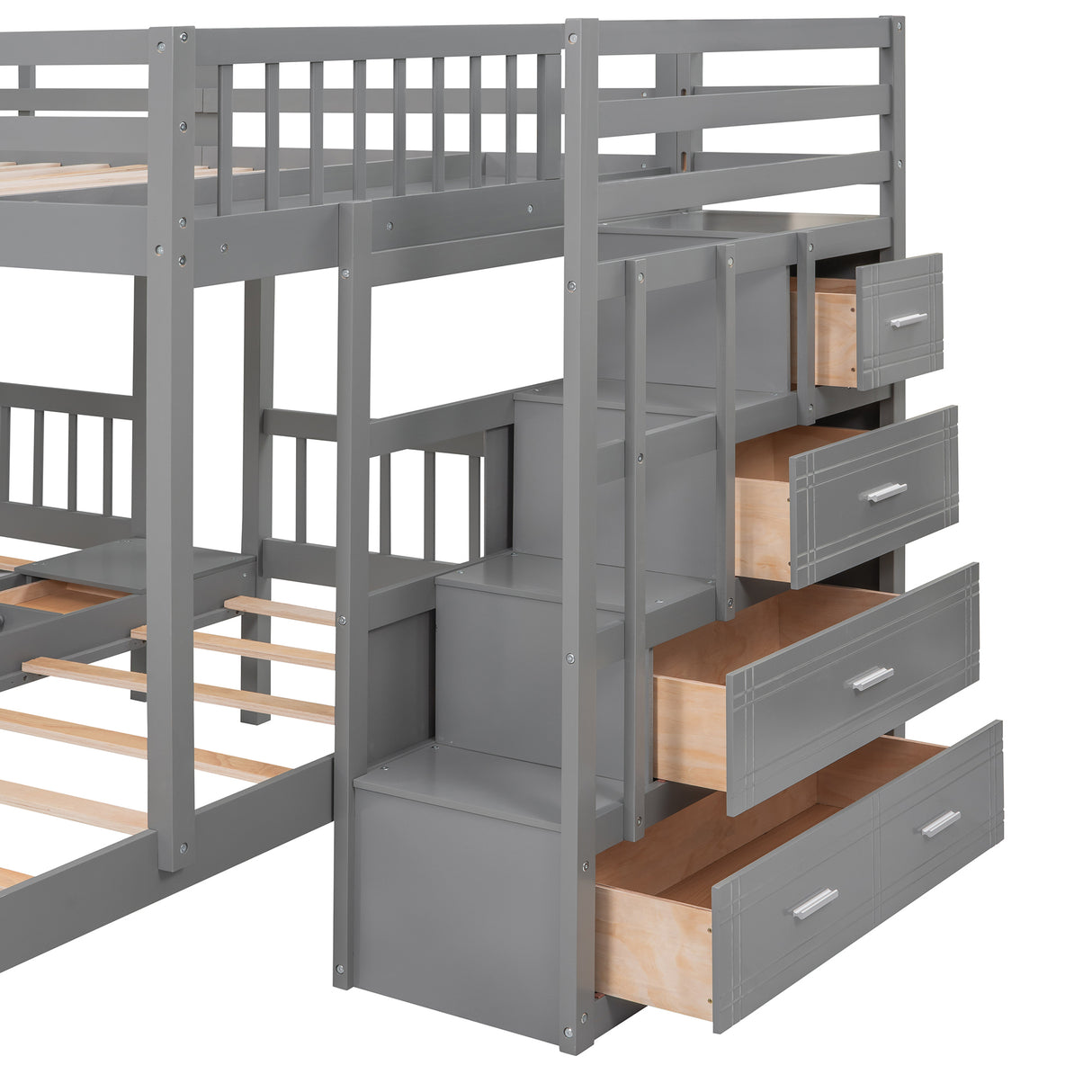 Full Over Twin & Twin Bunk Bed, Wood Triple Bunk Bed with Drawers and Guardrails (Gray) Home Elegance USA