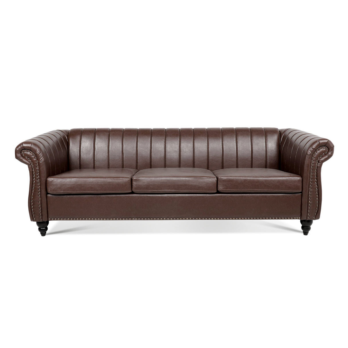 83.46'' Brown PU Rolled Arm Chesterfield Three Seater Sofa. - W68031446 - image - 4