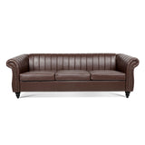 83.46'' Brown PU Rolled Arm Chesterfield Three Seater Sofa. - W68031446 - image - 4