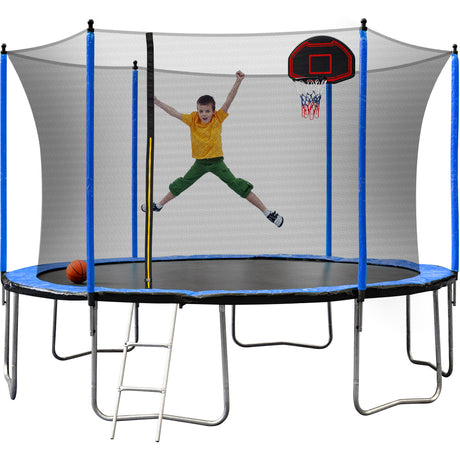 YC 14FT  Trampoline with Basketball Hoop Inflator and Ladder(Inner Safety Enclosure) Blue A+B