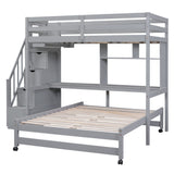 Twin over Full Bunk Bed with Storage Staircase, Desk, Shelves and Hanger for Clothes, Gray - Home Elegance USA