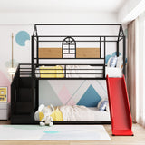 Twin Over Twin Metal Bunk Bed ,Metal Housebed with Slide and Storage Stair,Black with Red Slide(OLD SKU:LP000195AAJ) - Home Elegance USA