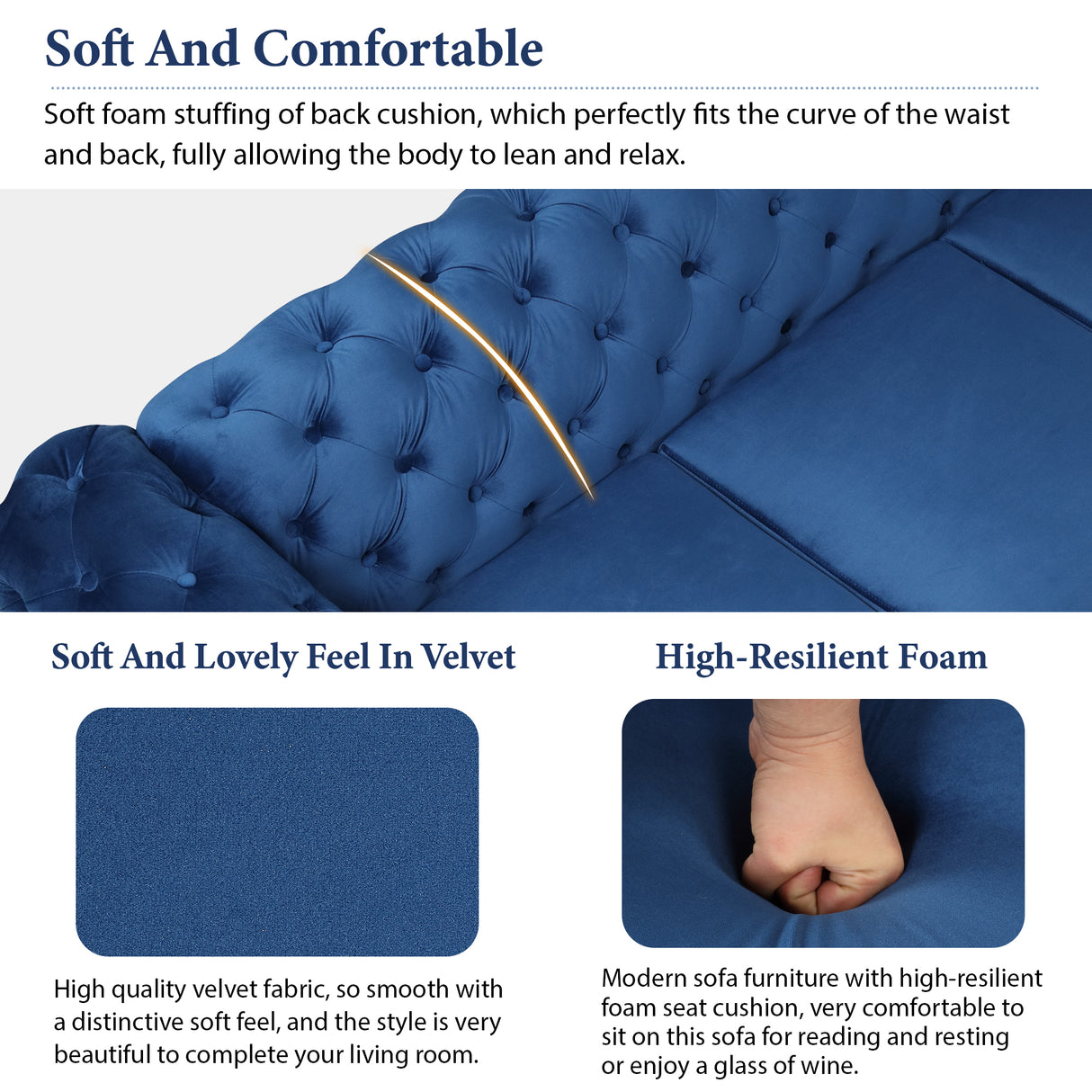 85.5" Velvet Upholstered Sofa with Sturdy Metal Legs,Modern Sofa Couch with Button Tufted Back, 3 Seater Sofa Couch for Living Room,Apartment,Home Office,Blue - SG000603AAC - image - 6