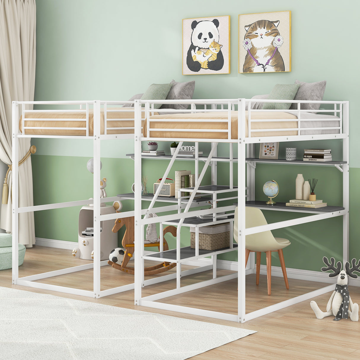 Double Twin over Twin Metal Bunk Bed with Desk, Shelves and Storage Staircase, White - Home Elegance USA