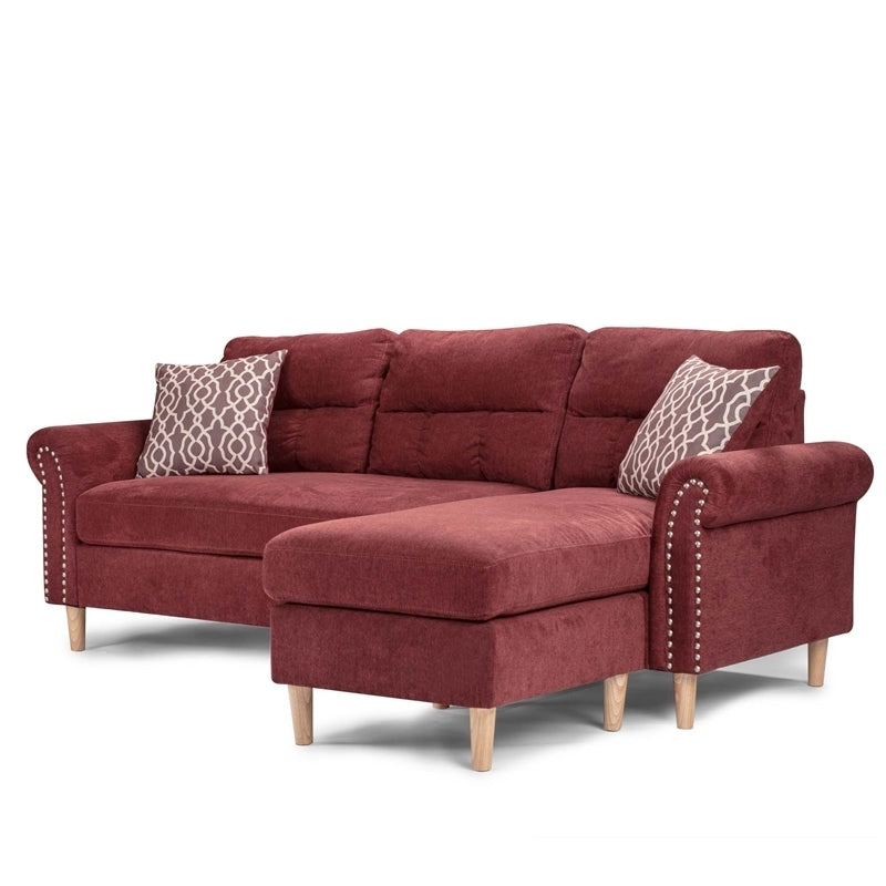 Paparika Red Color Polyfiber Reversible Sectional Sofa Set Chaise Pillows Plush Cushion Couch Nailheads - Home Elegance USA